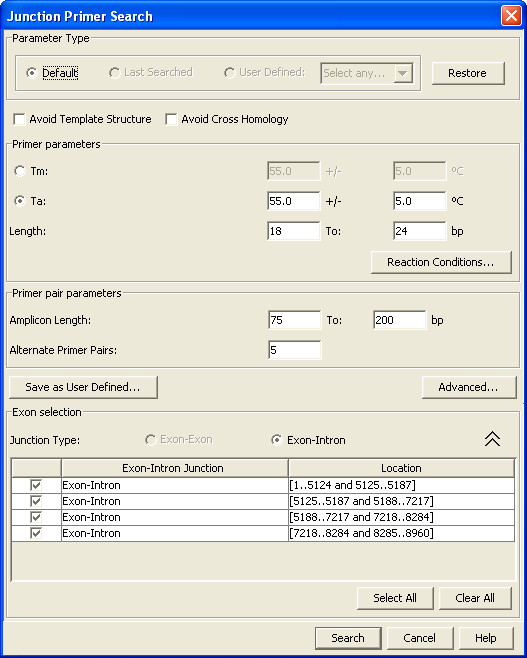 Beacon Designer™ software identifies exons and introns on sequences fetched from NCBI and designs primers across exon-exon and exon-intron junctions.